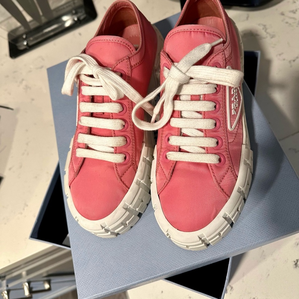 PRADA Double Wheel Gabardine Begonia Pink Nylon Platform Lug Sole Sneaker 37.5